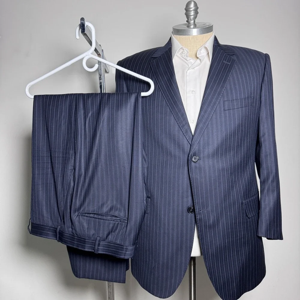Lenny Scranton Suit Mens 44R 38x29 Navy Blue Pinstripe Wool 2-Button